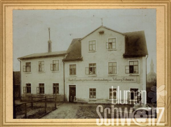 Im Bild zu sehen: Johann Georg Schwarz unser Firmengründer. Damals lief die Gärtnerei als Kunsthandelsgärtnerei Samenhandlung. Im Hintergrund die katholische Kirche Schwabach. Heute steht hier "Wohnen am Wehr".