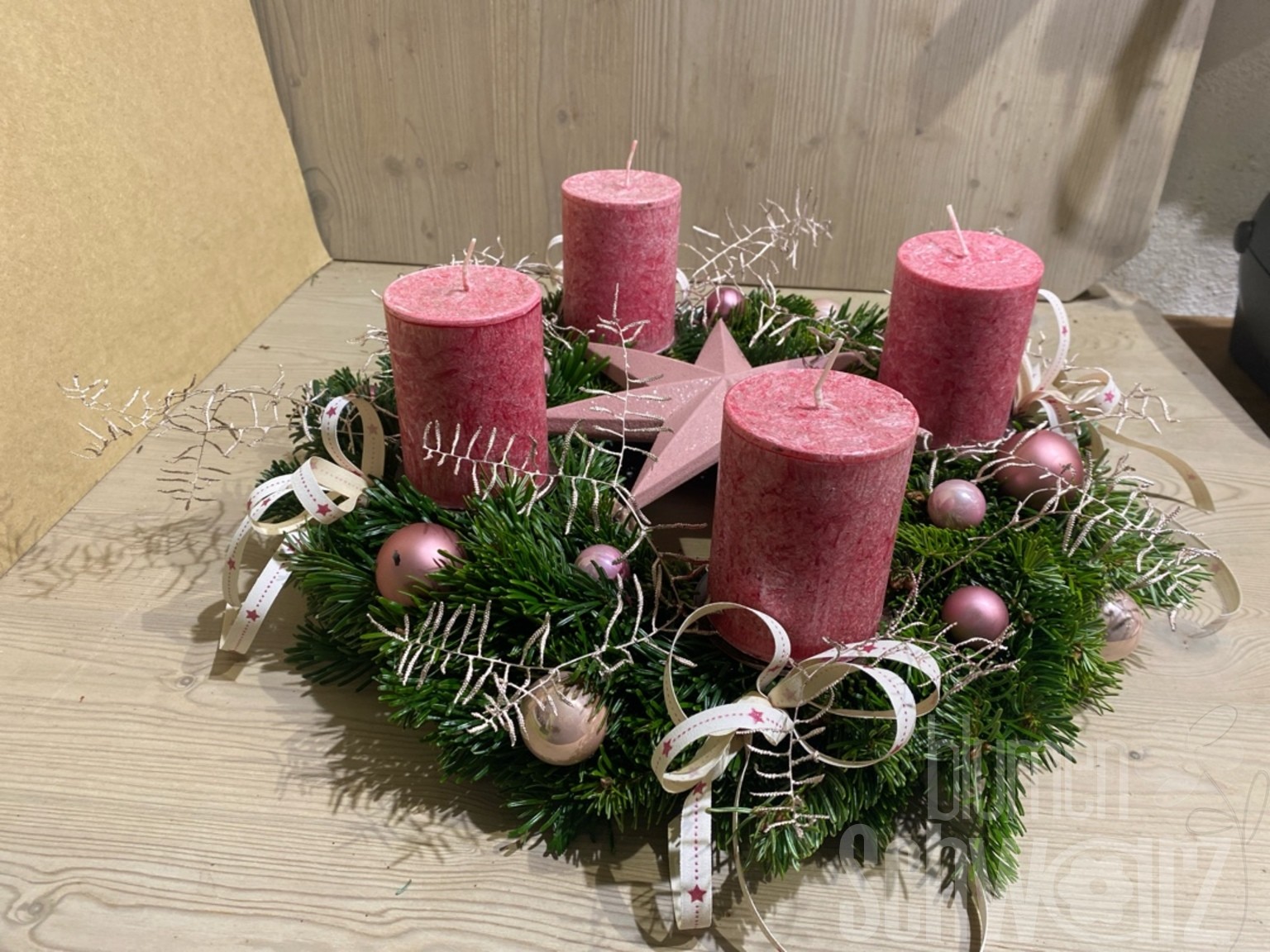 Werkstück Adventskranz rosa mit Stern
